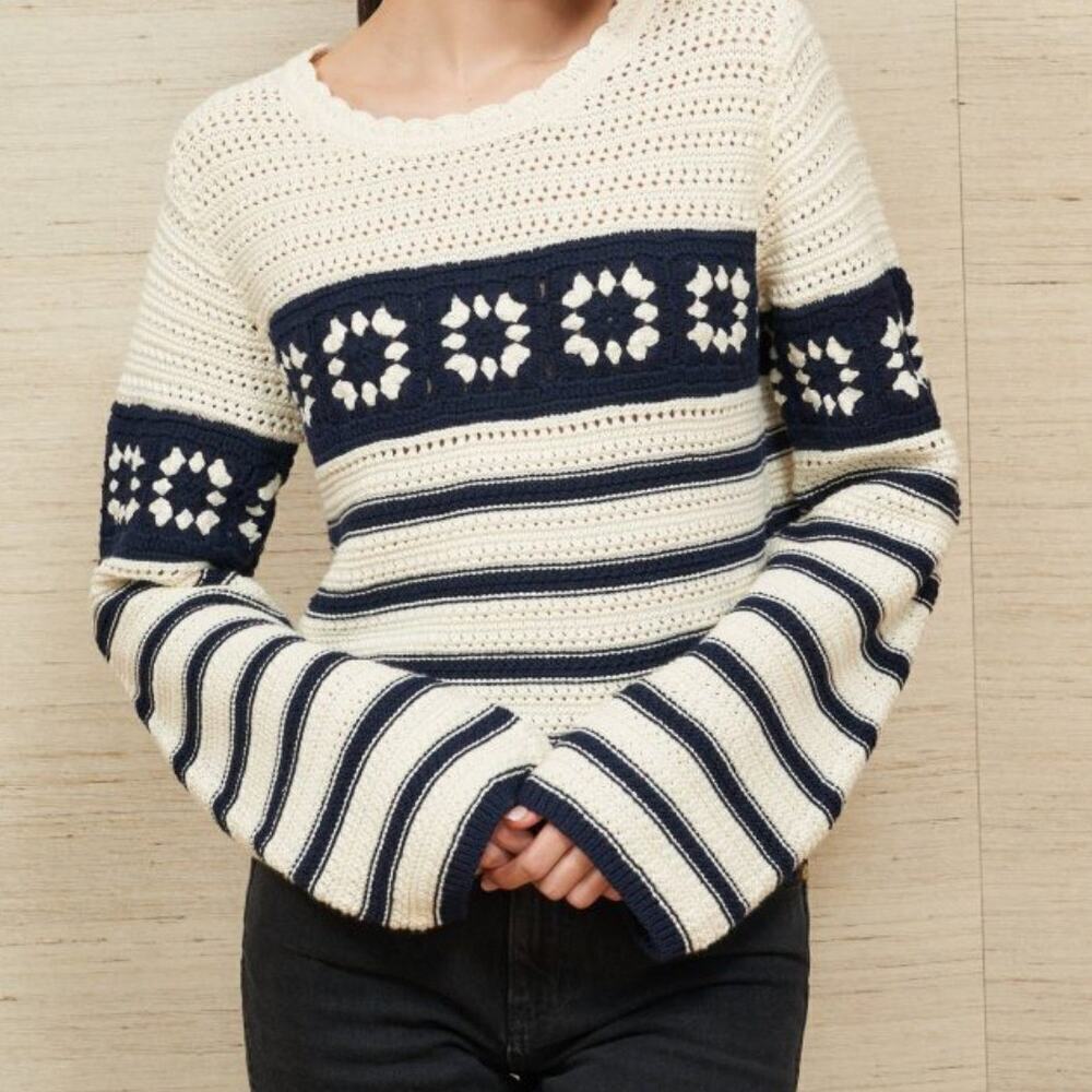 La Ligne Striped Pointelle Pullover Knit Sweater Blue/Cream Womens S